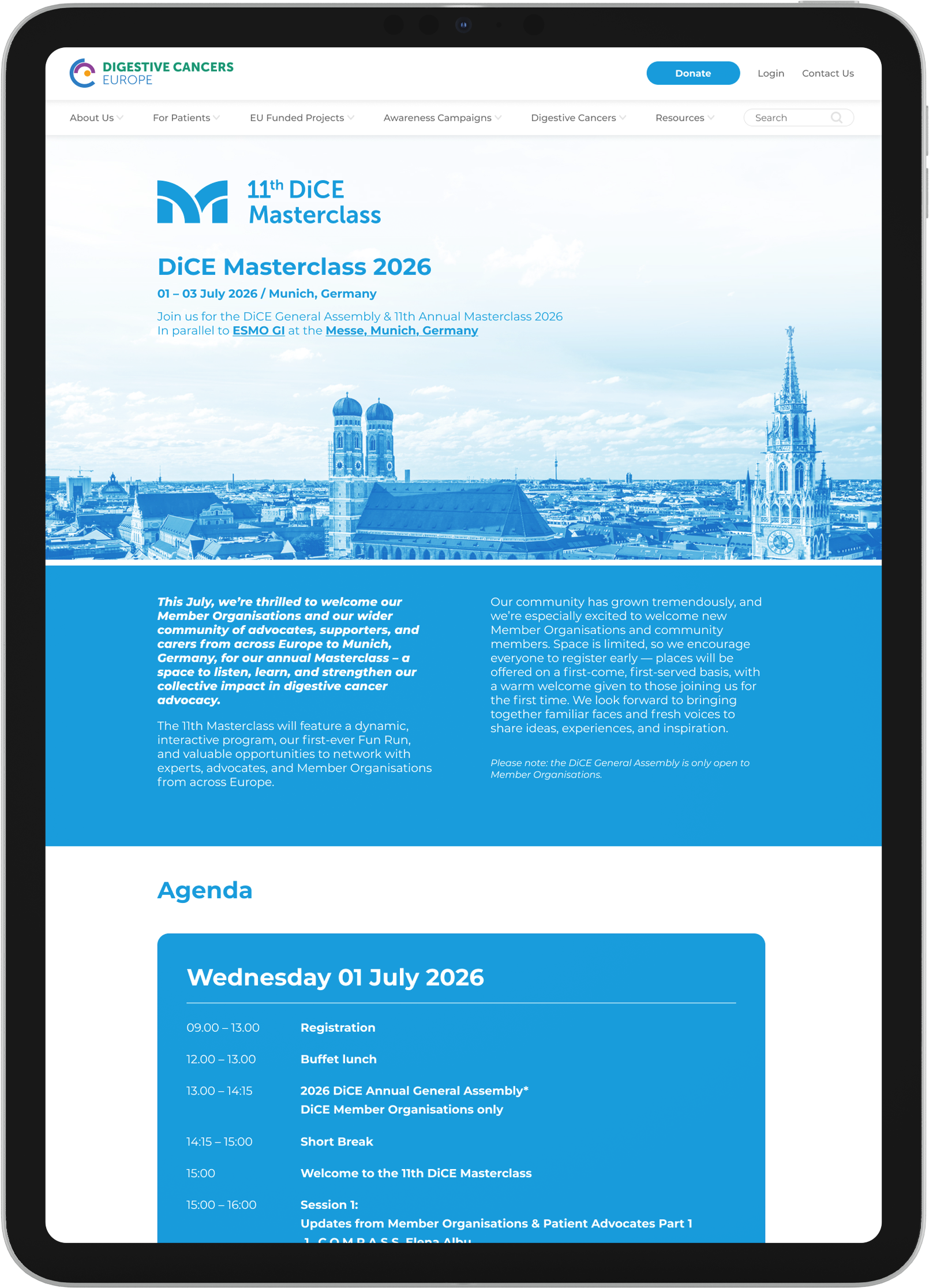 DiCE Masterclass website shown on a tablet
