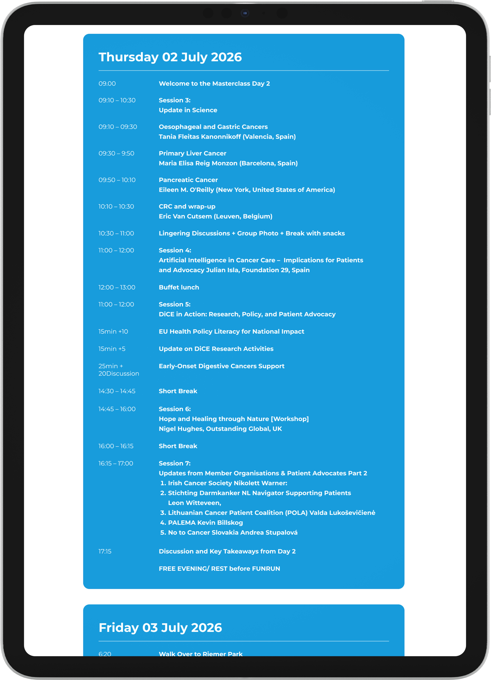 DiCE Masterclass agenda shown on a tablet