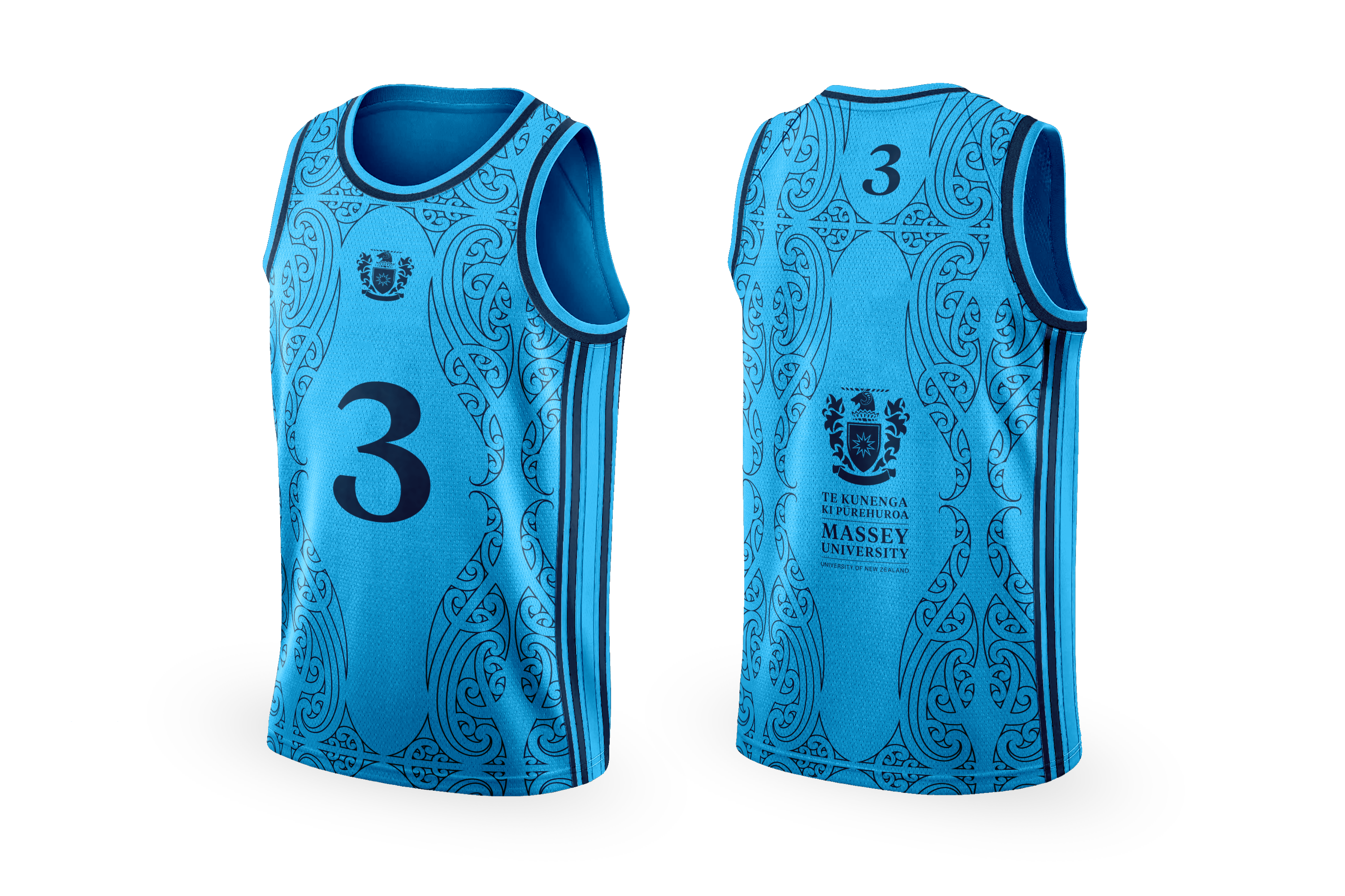 Massey University basketball uniform in light blue