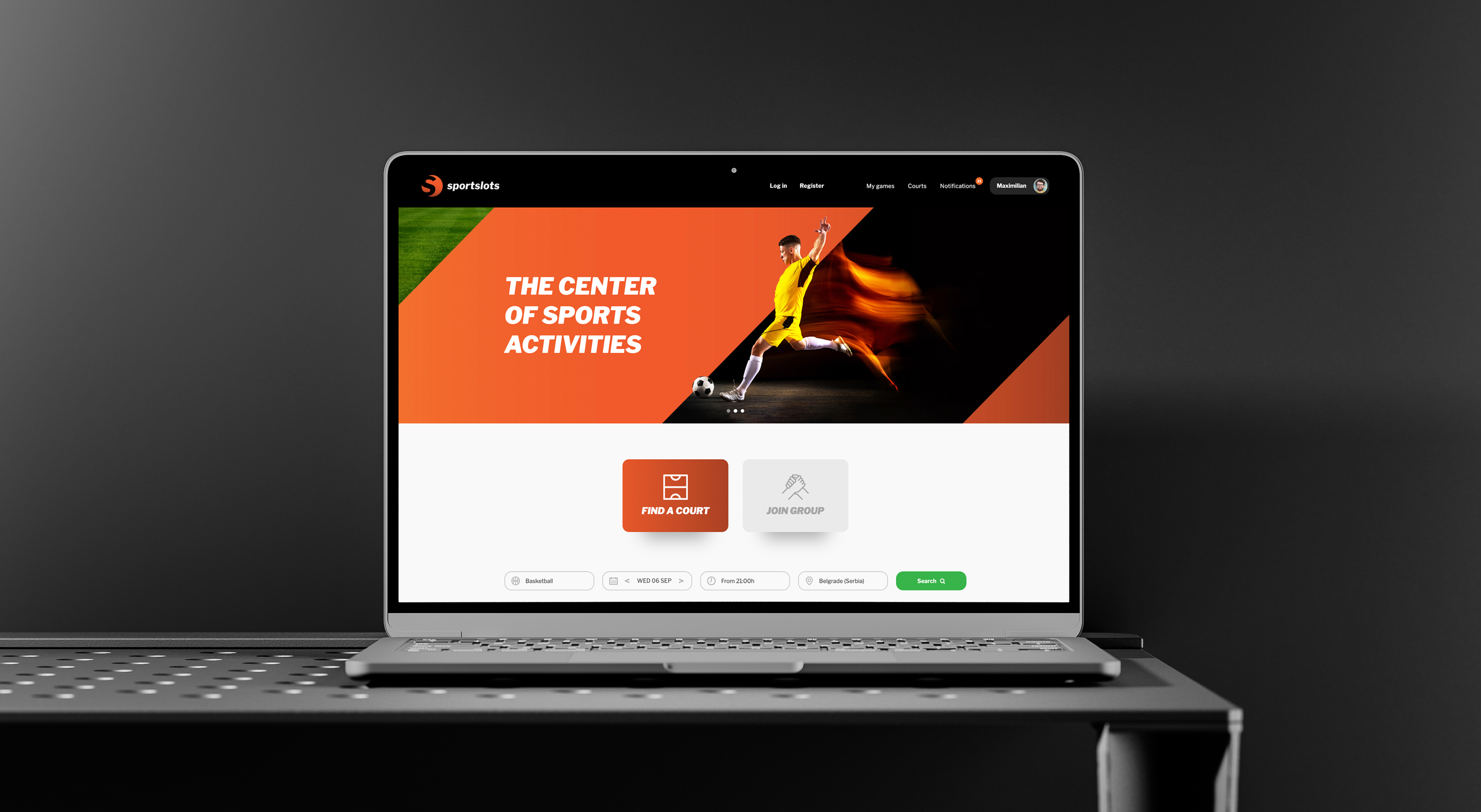 Sportslots web app shown on a laptop