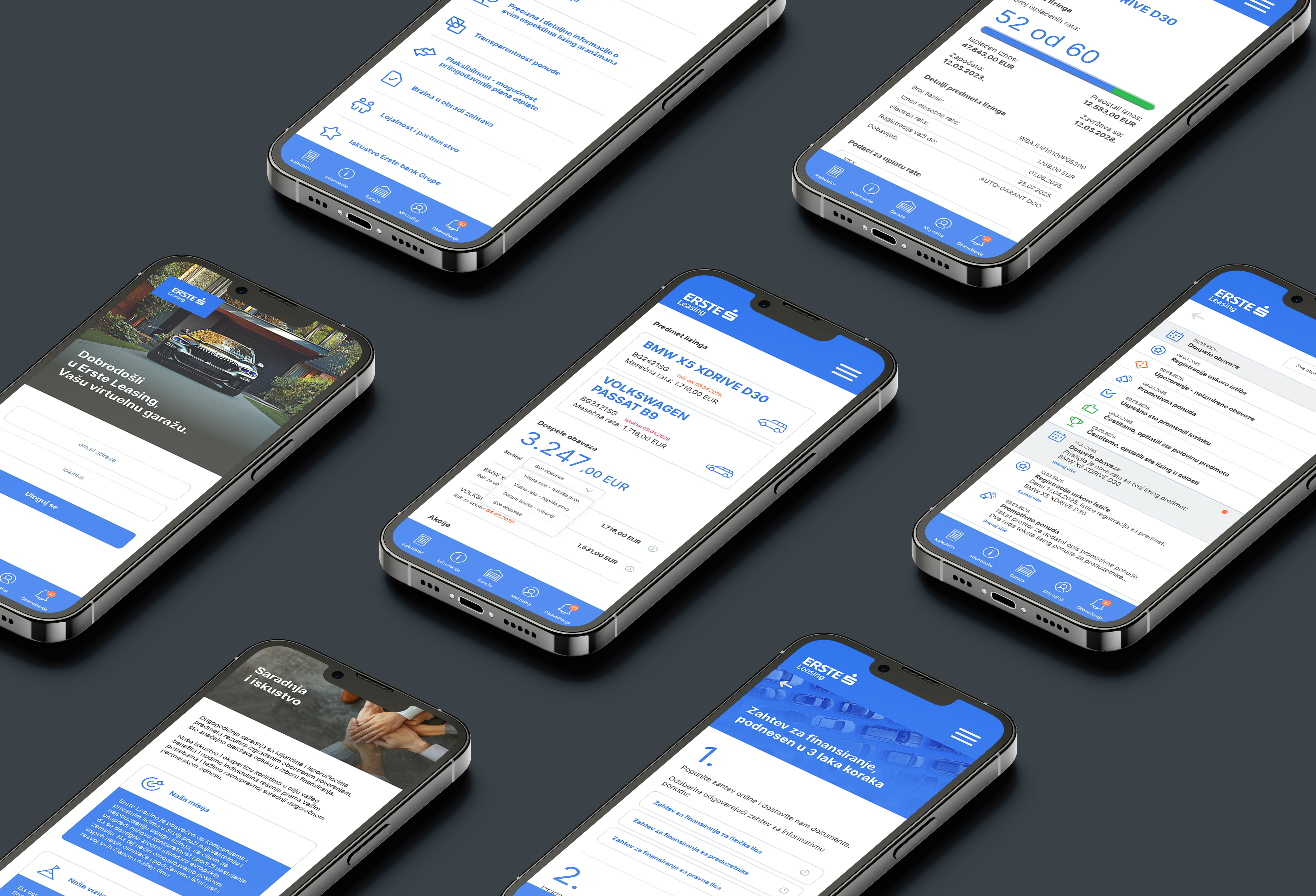 Erste Leasing mobile app interface displayed across smartphones