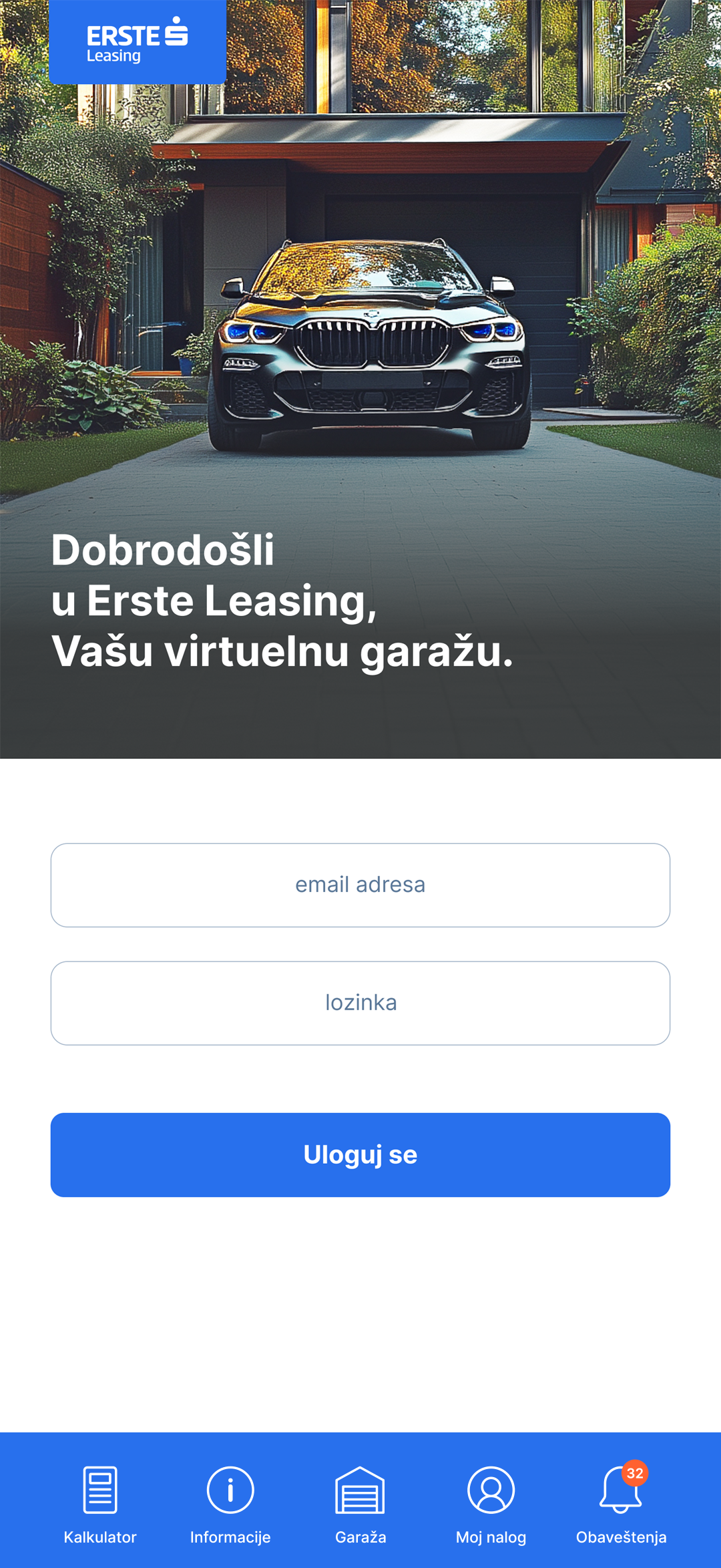 Erste Leasing mobile app welcome and sign-in screen