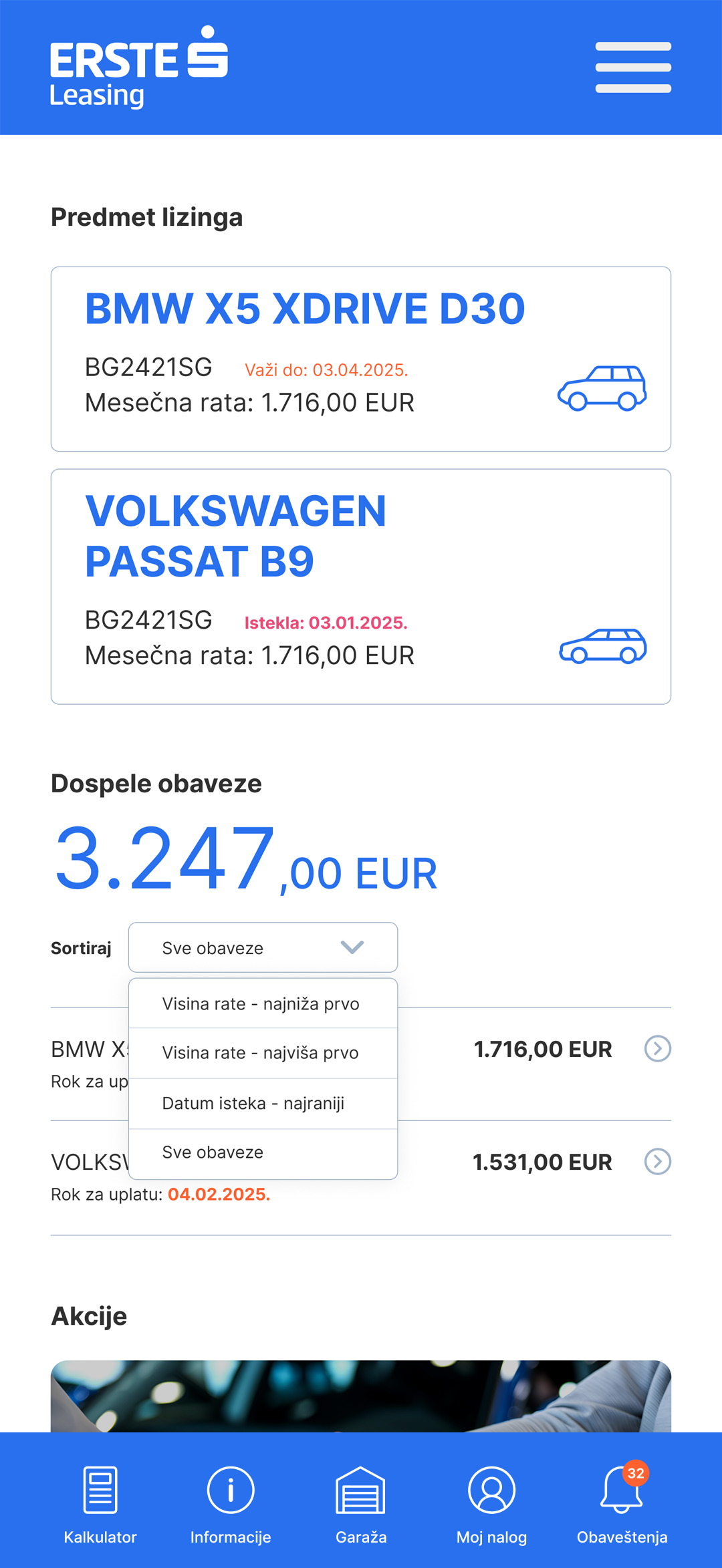 Erste Leasing mobile app vehicle overview