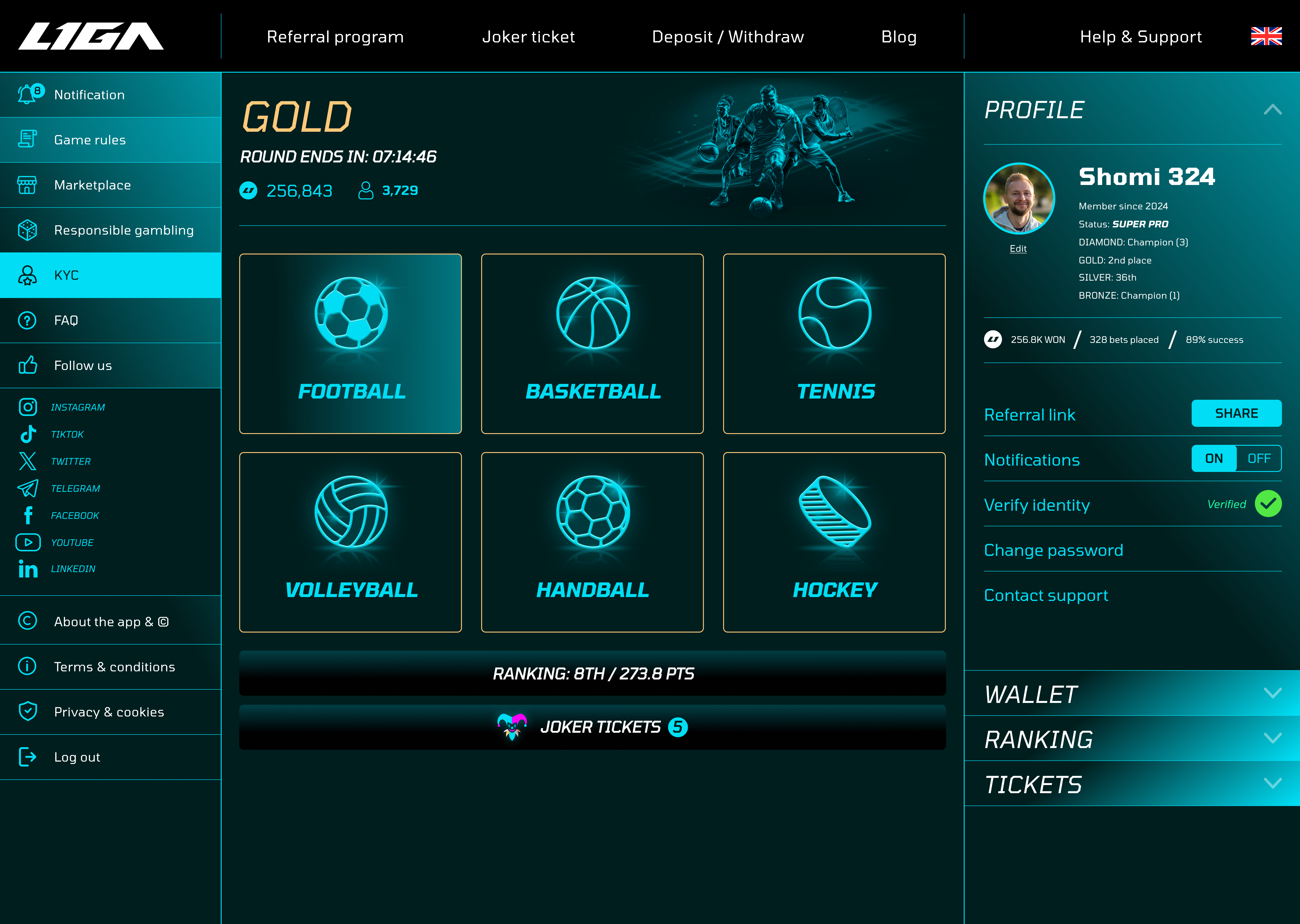 LIGA desktop sports gold league screen