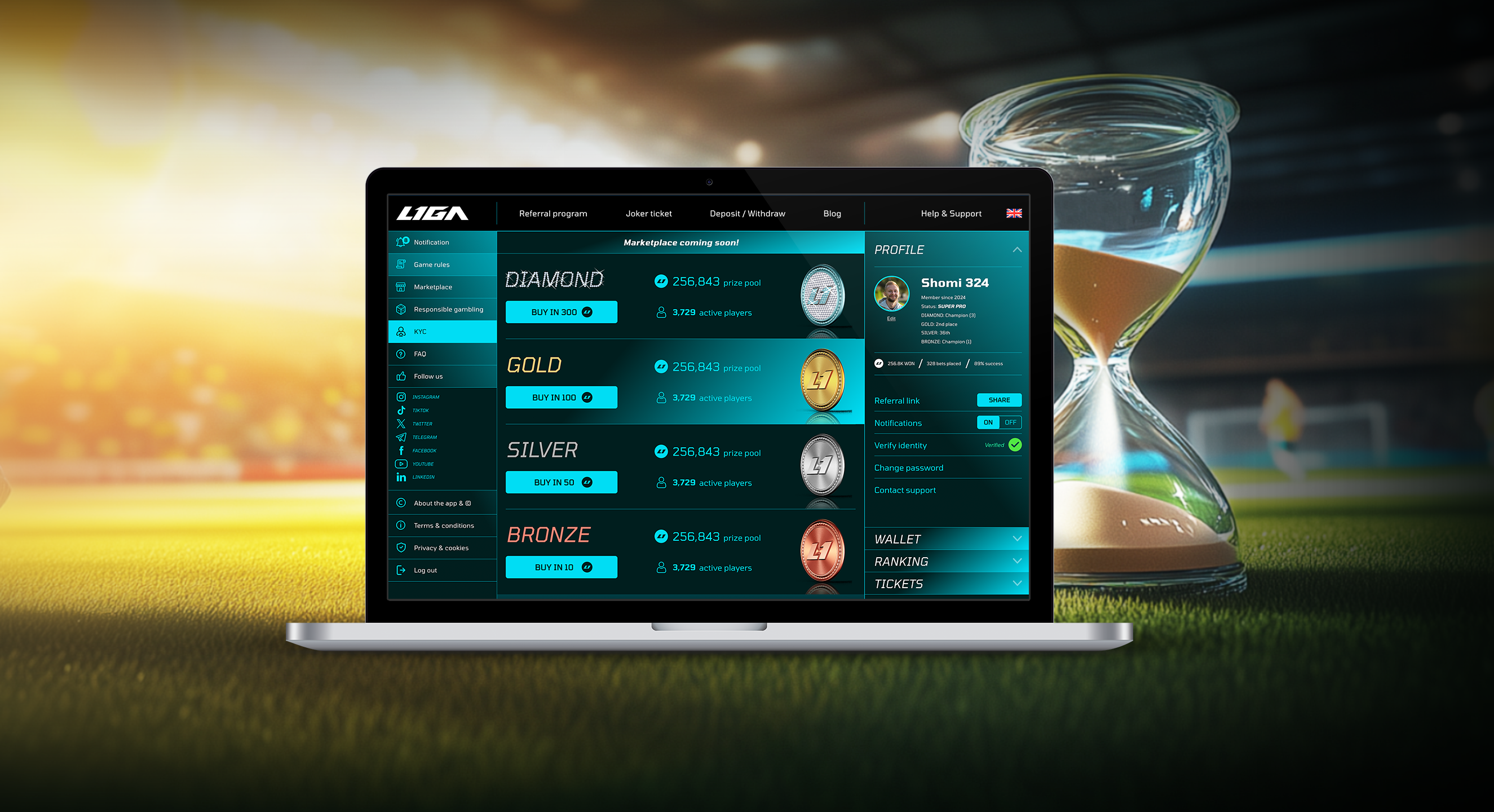 LIGA desktop betting platform on a laptop