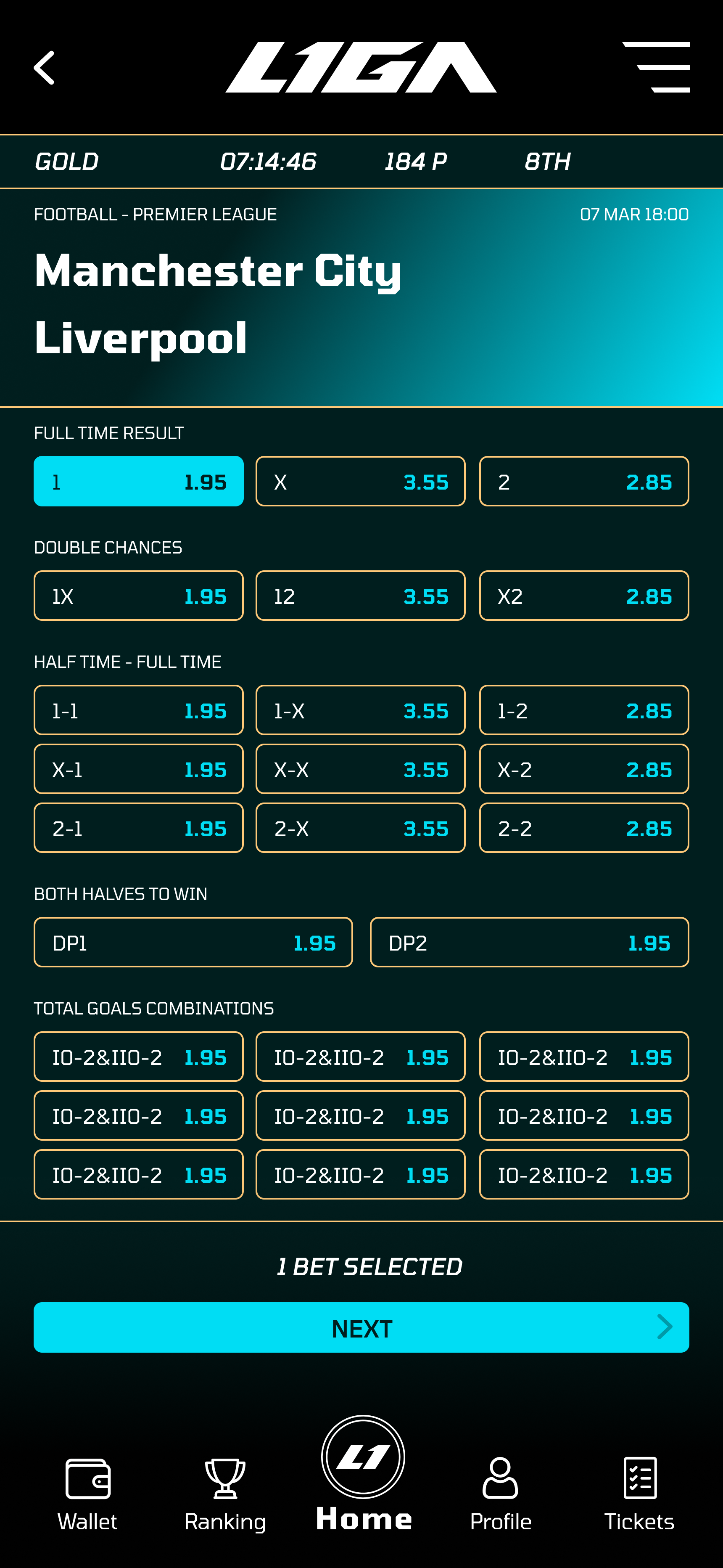 LIGA mobile bet checkout screen